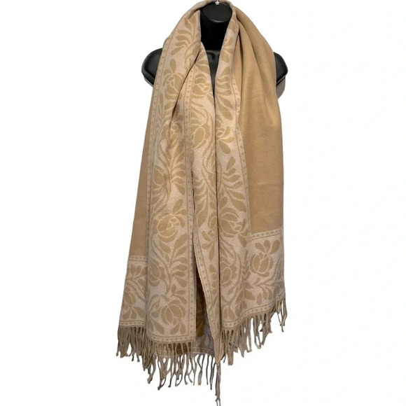 NWT Made in Italy Charter Club Tan Beige Fringe Accent Floral Border Scarf Wrap - Picture 3 of 9
